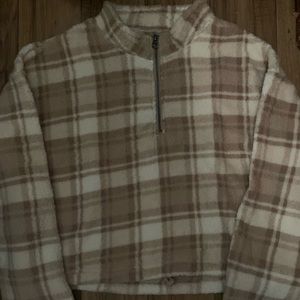 cream and white plaid jacket